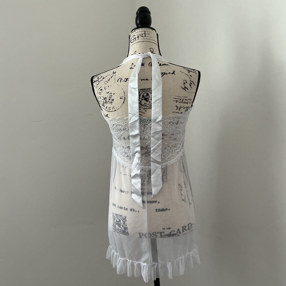 Avidlove White Lace Halter‎ Babydoll Chemise Lingerie XL Sheer Ruffle Trim - Picture 2 of 5